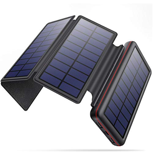 iPosible Solar powerbank 2 6 800 mAh med 4 vikbara solpaneler och 2 USB-utgångar externa batterier bärbara solladdare, powerbank för telefon surfplattor utomhus vandring camping svart röd