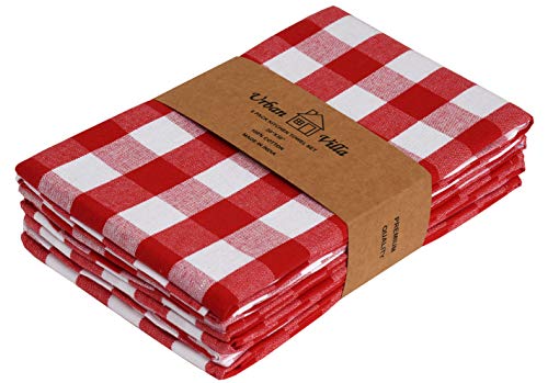 Urban Villa Kökshanddukar, premiumkvalitet, 100 % bomullsdiskhanddukar, miterade hörn, ultramjuka (storlek: 51 x 76 cm), röd/vit högabsorberande barhanddukar och kökshanddukar – (set med 6)