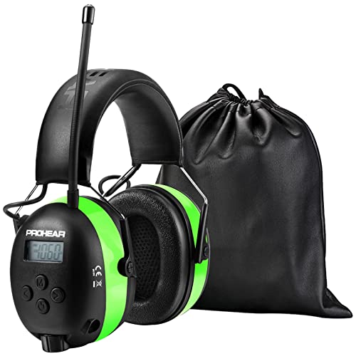 PROHEAR 033 Hörselskydd med radio, uppladdningsbart FM/AM Bluetooth öronskydd, brusreducerande musik, kapselhörselskydd för ogräs och bullerintensiva fritidsaktiviteter, SNR31dB, NRR25dB – grön