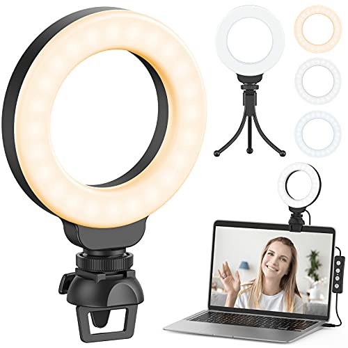 Ringljus bärbar dator, Ruyilam videokonferens, ljussats med klämma och stativ, skrivbord, 4 tum selfie-ljus med 3 belysningslägen och 11 ljusstyrkor, dimbar för videostreaming, videosamtal, möte