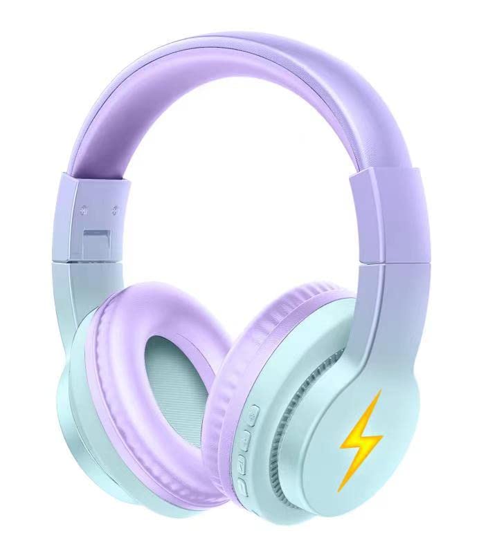 Bluetooth-hörlurar, Louise & Mann trådlösa Barnhörlurar over-ear, Hörlurar för Barn, stereoheadset med mikrofon, mjuka öronmuffar, väska för transport för telefoner/surfplattor/PC (blågrön/lila)