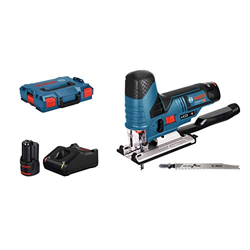 Bosch Professional 12V System sladdlös sticksåg GST 12V-70 (sågdjup i trä: 70 mm, med 2x sågklinga, glidsko, splitterskydd, 2x 3,0 Ah-batterier och laddare, i L-BOXX)