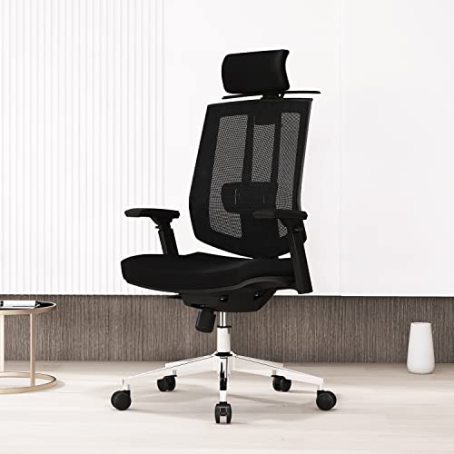 AMILZ Ergonomisk kontorsstol, snurrstol med ländryggsstöd, nätstol med justerbart nackstöd, ryggstöd, armstöd, tjock sits och klädhängare, PC-stol kan belastas upp till 136 kg/300 lb