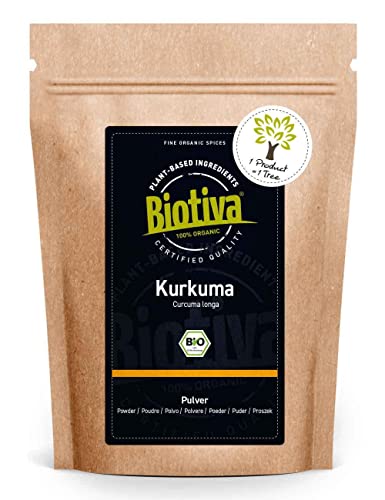 Biotiva Gurkmeja pulver organiskt 250 g – gurkmeja rot (kurcuma) mark – kurkumin – återförslutningsbar dragkedja – förpackad i Tyskland (DE-ECO-005)