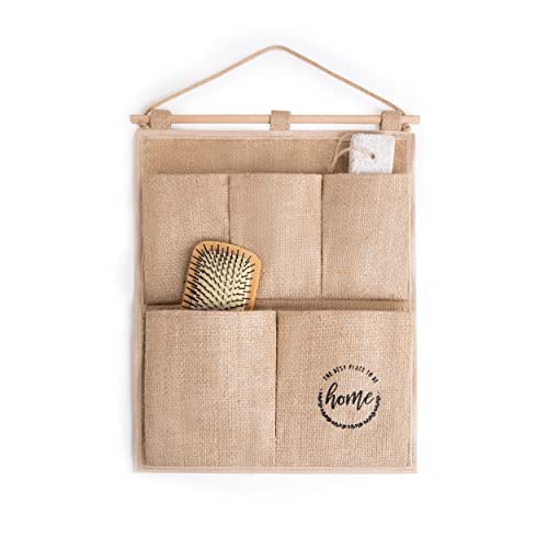 Ocean Home Textile Naturlig jute hängande organisatör med 5 fickor, hängande väggorganisatör