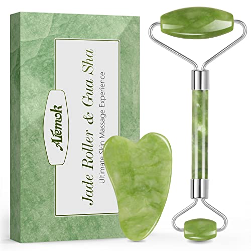 Jade Roller och Gua Sha, Aiemok ansiktsroller för ansiktsmassage bantningsverktyg, 100 % naturlig anti-åldrande ansiktsroller för att minska ögonens puffighet tar bort rynkor, hudåtdragning ansiktsföryngrar