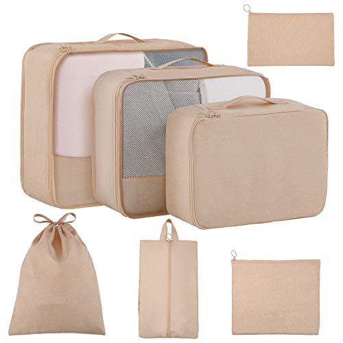 TuTuShop Förpackningskuber för resväska, set om 7, bagagepacknings-organisatörer med skoväska och toalettväska, BEIgE, Many Size