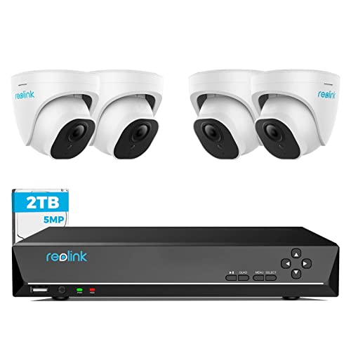 Reolink 5MP PoE Säkerhetskamera System, 8CH CCTV System med 2TB Hårddisk NVR och 4X 5MP Utomhus PoE IP Kameror, Person-/Fordonsdetektering Smart, 30m Mörkerseende, RLK8-520D4-5MP-A