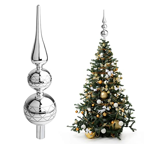 Julgransdekoration – 32 cm hög stam silverfärg reflekterande glas sfärisk träddekoration – julgransdekoration glitter glasprydnad – julfest träd toppdekorationer