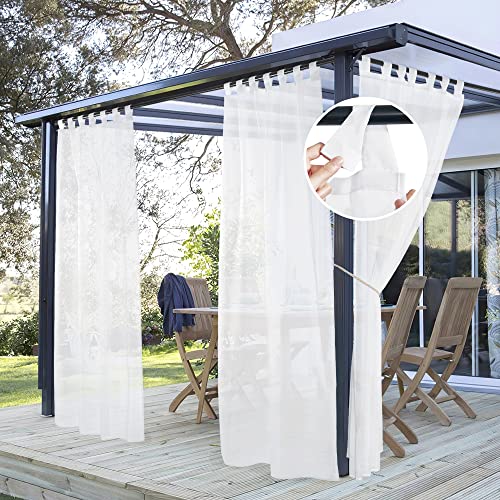 PONY DANCE Utomhusgardin vattentät set om 2 stycken H 213 x B 137 cm utomhusgardiner vita transparenta paviljonggardiner med avtagbara öglor utomhusgardin terrass
