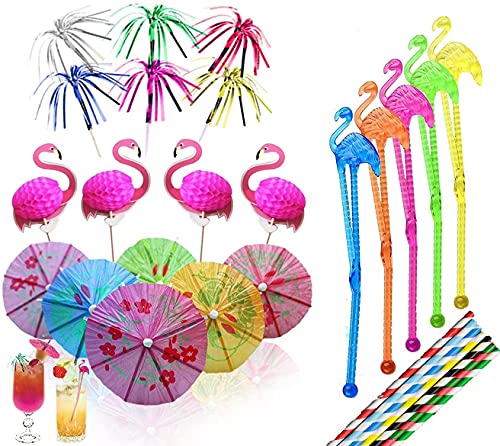 100 stycken cocktailtillbehör festpaket, 20 flamingo omrörning, 20 pappersparaply dryckpinnar, 20 fyrverkerier cocktailpinnar, 20 cocktailpinnar i flamingo 20 papperssugrör