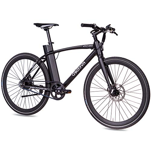 CHRISSON 28 tums e-cykel med remdrift eOCTANT svart matt – elcykel stadscykel med Aikema bakhjul – navmotor 250 W, 36 V, 40 Nm, pedal för kvinnor och män, praktisk e-stadscykel