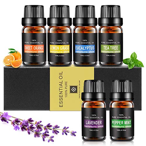 Aiemok Startpaket med eteriska oljor, aromaterapioljor, presentset, 6 x 10 ml, för diffusor, 100 rena eteriska oljor, lavendel, citrongräs, söt apelsin, pepparmint, teträd, eukalyptus