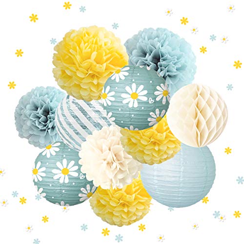 NICROLANDEE 12 st babyblå gul vävnad pom poms tusensköna form konfetti för födelsedag, baby shower, tusensköna, trädgårdsfest, bröllop, förlovning, möhippa, påskfestdekorationer