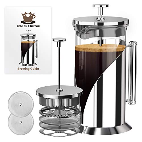 Cafe Du Chateau French Press kaffebryggare – värmebeständigt glas med 4 nivåer filtreringssystem, hölje i rostfritt stål – brygger kaffe och te – stor 34 oz karaff kaffepress