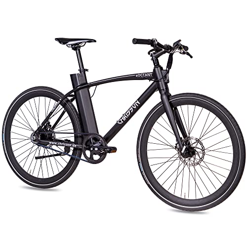 CHRISSON 28 tums e-cykel med remdrift eOCTANT svart matt – elcykel stadscykel med Aikema bakhjul – navmotor 250 W, 36 V, 40 Nm, pedal för kvinnor och män, praktisk e-stadscykel