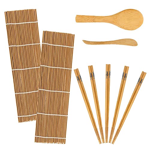 Bambu sushitillverkningskit 9 st, nybörjare gör-det-själv bambu rullmatta för sushi, inkluderar 2 rullmattor i bambu – 5 par ätpinnar – 1 rispaddle-1 risspridare