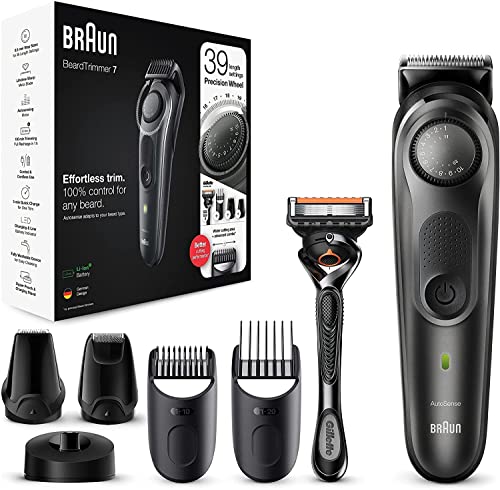 Braun Skäggtrimmer 7 BT7340, Skäggtrimmer För Män, Hårklippare, För Ansikte, Hår, Hållbart Vassa Blad, 39 Längdinställningar, Svart/Metallgrå
